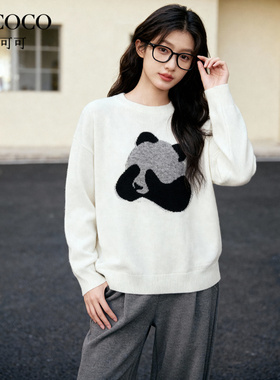 ROCOCO/洛可可纯羊毛熊猫提花圆领春秋百搭简约长袖毛衣上衣女
