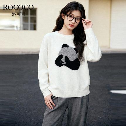ROCOCO/洛可可纯羊毛熊猫提花圆领春秋百搭简约长袖毛衣上衣女