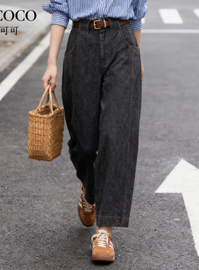 ROCOCO/洛可可黑色阔腿牛仔裤女2025秋冬大口袋设计高腰显瘦长裤