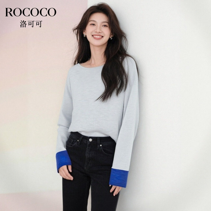 ROCOCO/洛可可2025圆领拼色套头针织衫秋季新款简约宽松长袖上衣