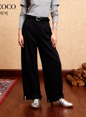 ROCOCO/洛可可2025秋高腰宽松黑色皮带直筒裤女卷边设计休闲长裤