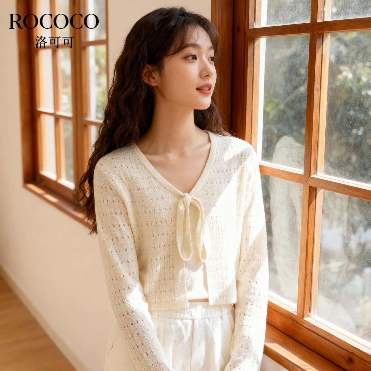 ROCOCO/洛可可2025秋新款系带设计针织衫女短款宽松甜美休闲外搭