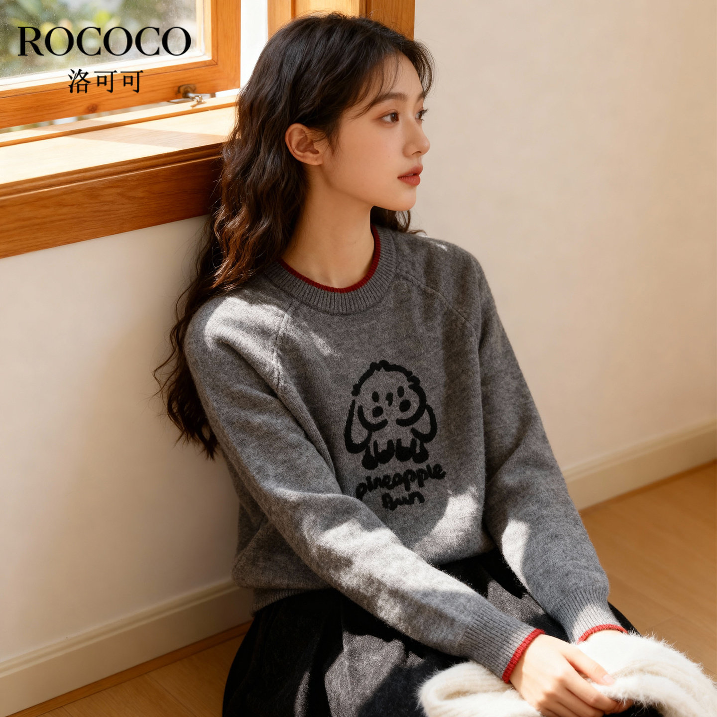 ROCOCO/洛可可2025新款兔子印花圆领针织衫女宽松慵懒风套头上衣