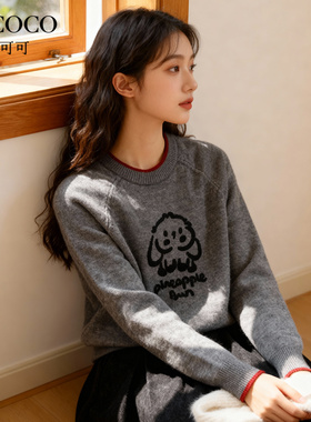 ROCOCO/洛可可2025新款兔子印花圆领针织衫女宽松慵懒风套头上衣