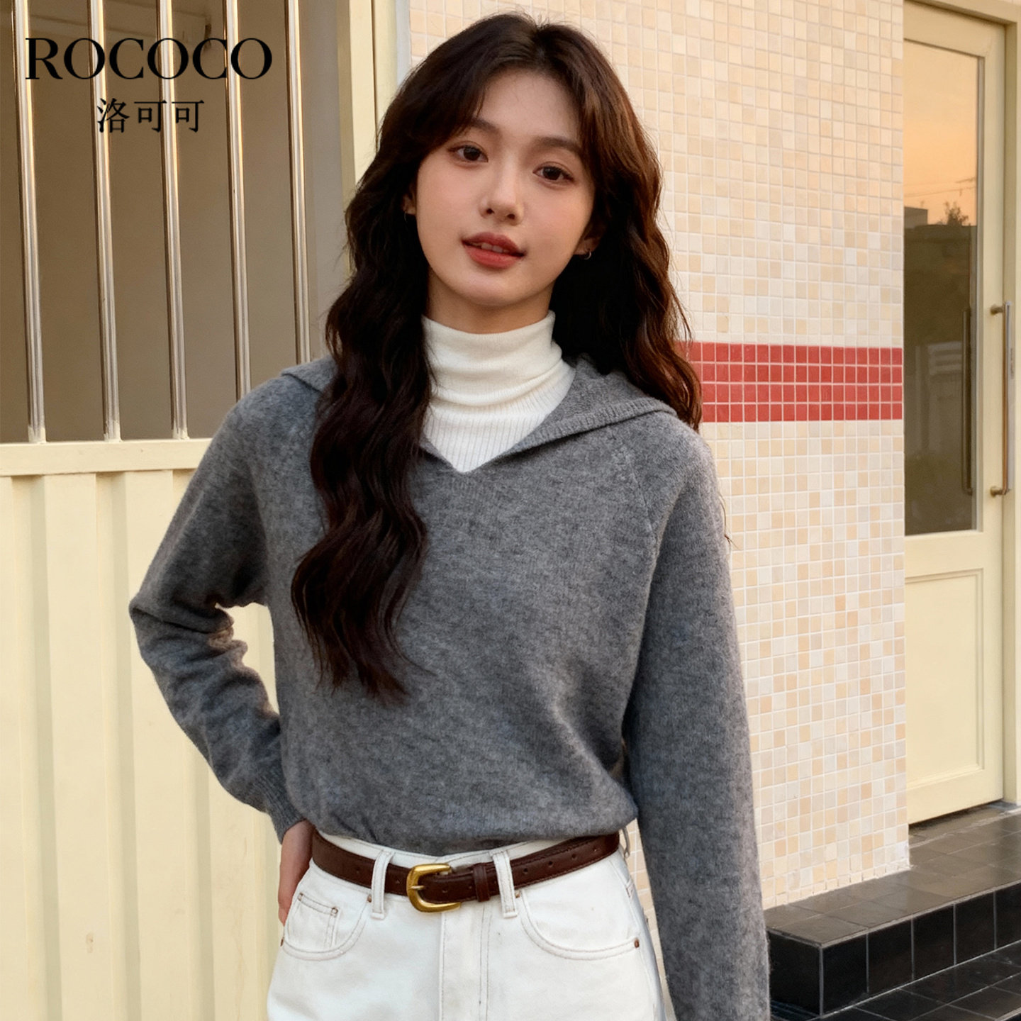 ROCOCO/洛可可2025秋新款纯色连帽长袖针织衫女宽松百搭保暖上衣