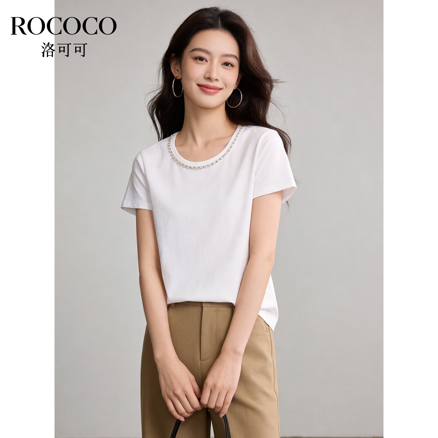 ROCOCO/洛可可浅杏色珍珠领短袖T恤女夏季宽松显瘦正肩上衣