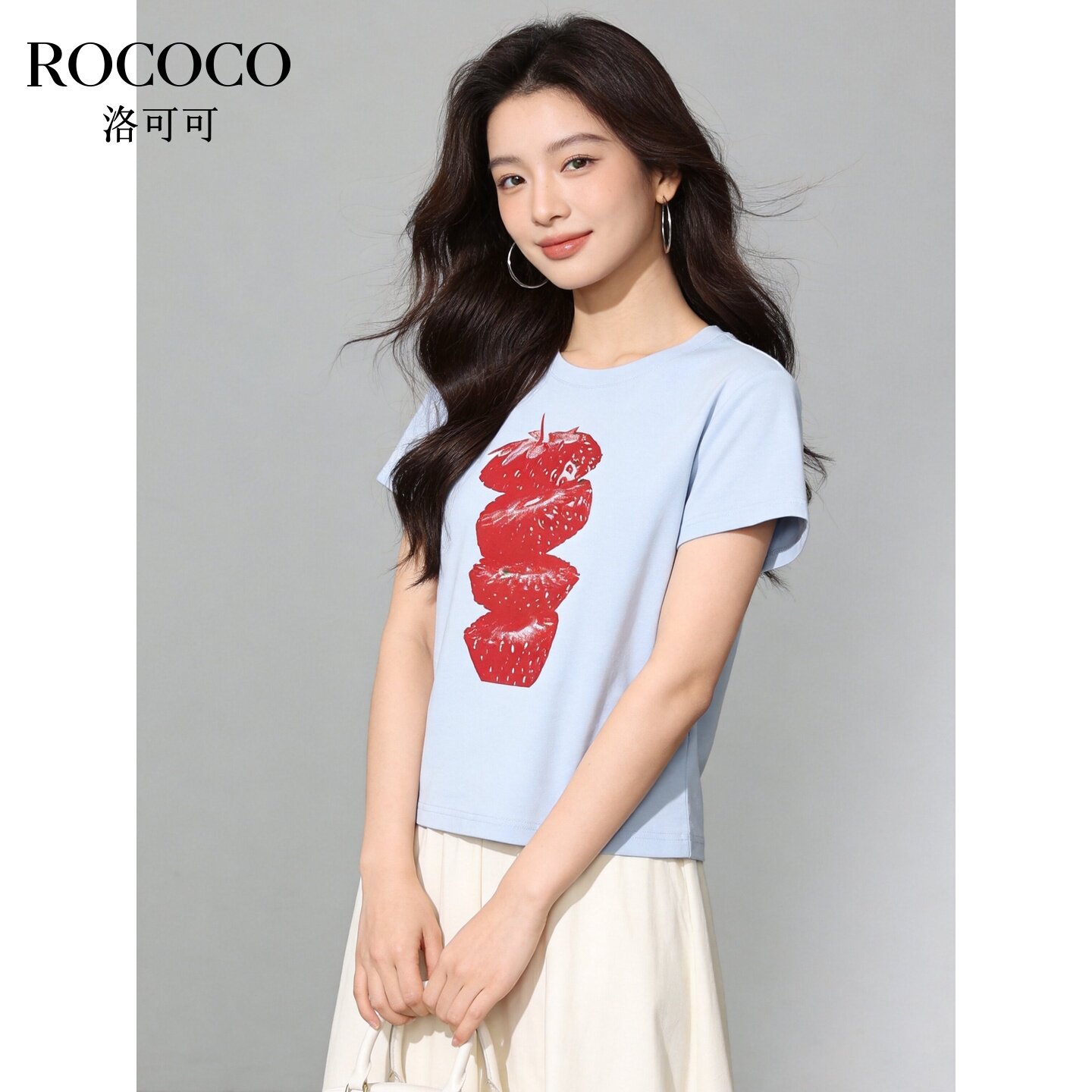 ROCOCO/洛可可韩系草莓印花短袖T恤女夏季显瘦棉质白色上衣