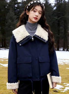 ROCOCO/洛可可藏青毛绒拼接工装外套女抽绳收腰保暖休闲秋冬大衣