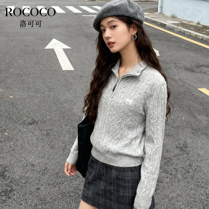 ROCOCO/洛可可2025半拉链翻领毛衣秋季绵羊毛刺绣绞花短款上衣女
