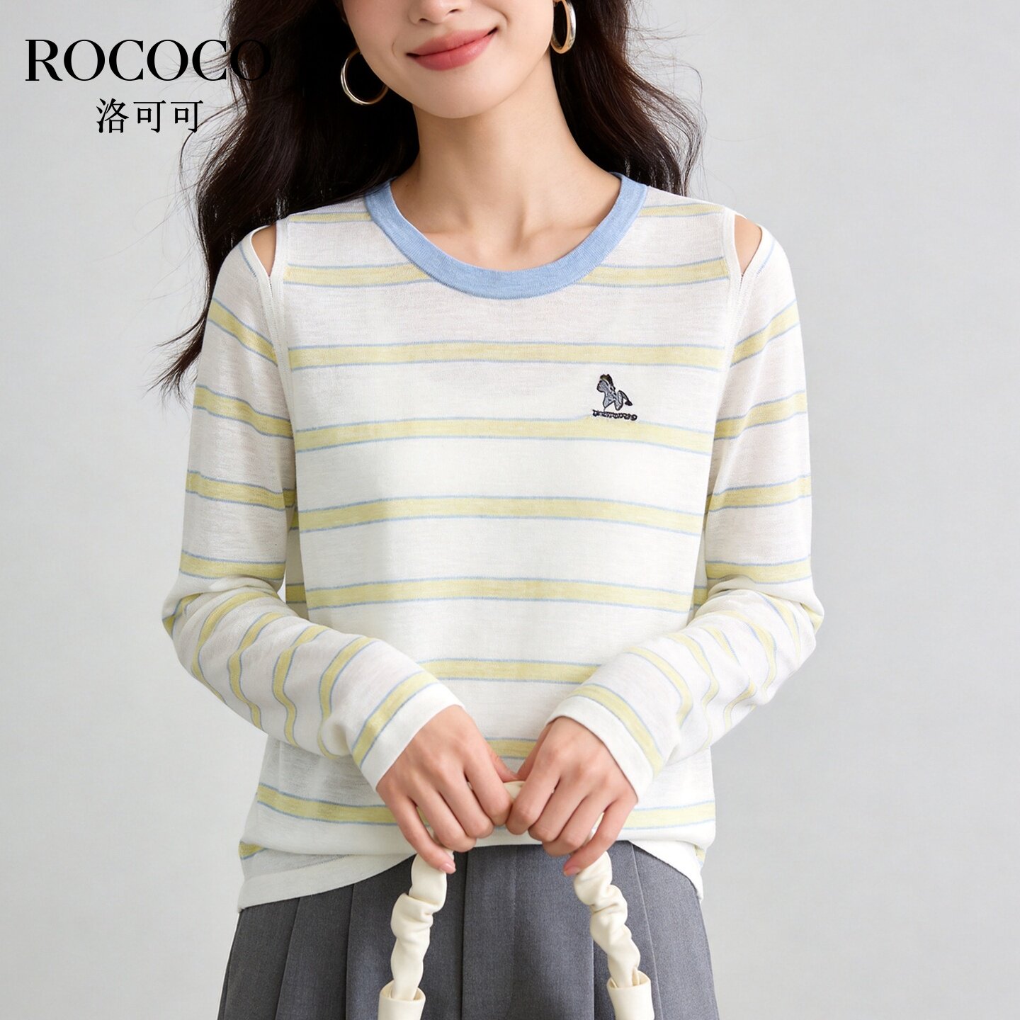 ROCOCO/洛可可薄款条纹撞色针织女夏清新露肩刺绣设计感上衣