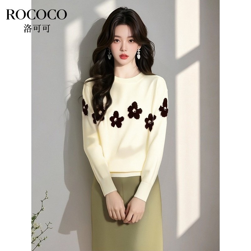 ROCOCO/洛可可花朵提花绵羊毛圆领女款针织衫春季短款落肩上衣女