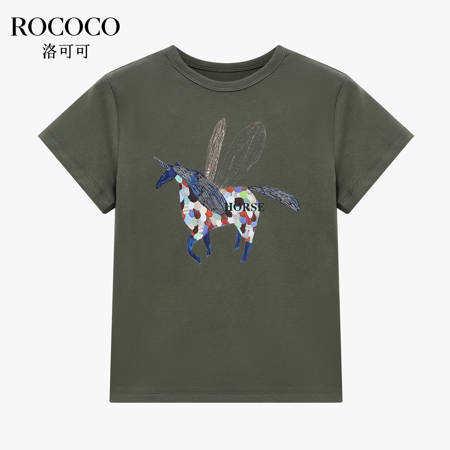 ROCOCO/洛可可绿色独角兽印花短袖时尚圆领宽松显瘦T恤女夏