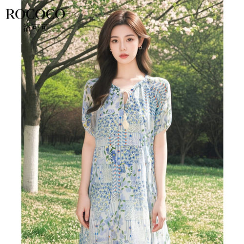 ROCOCO/洛可可法式泡泡袖碎花连衣裙2026夏季气质系带中长款裙子