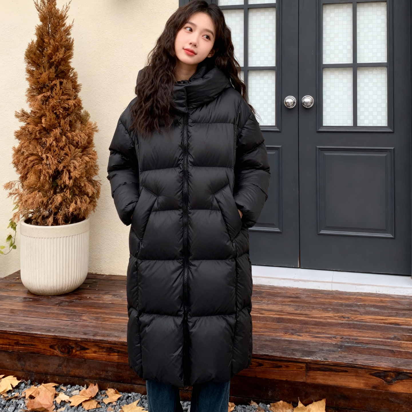 ROCOCO/洛可可韩版双拉链立领羽绒服2025冬连帽中长款白鸭绒外套