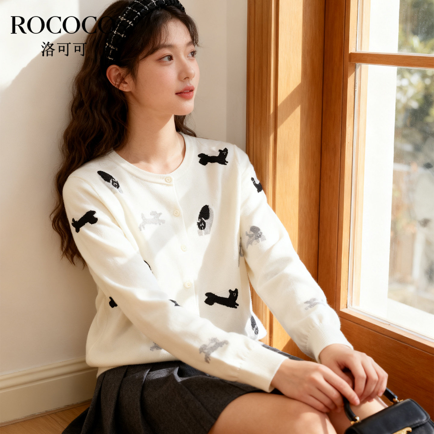 ROCOCO/洛可可2025新款趣味印花小白狗针织衫女软萌甜美百搭上衣