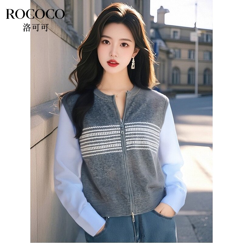 ROCOCO/洛可可衬衫拼接针织开衫复古圆领假两件双头拉链提花上衣