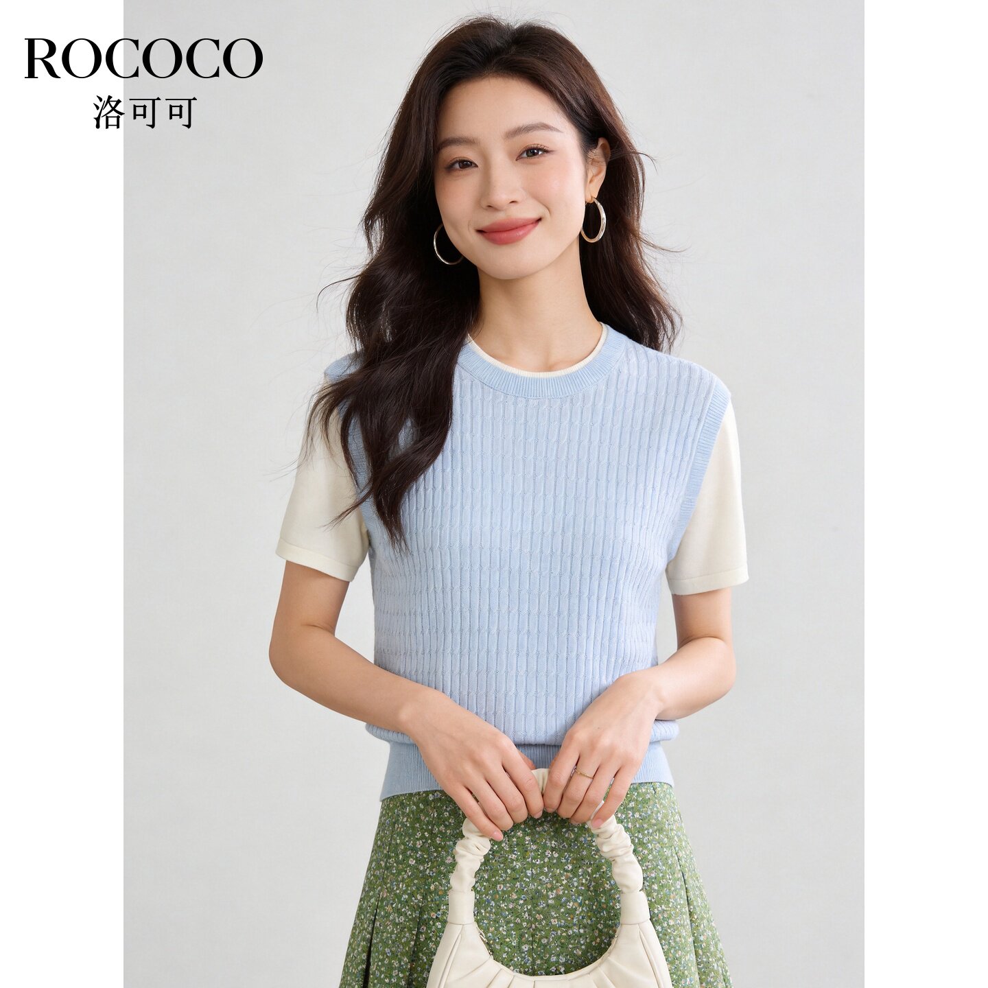 ROCOCO/洛可可假两件撞色针织衫女夏季黄色圆领宽松短袖上衣