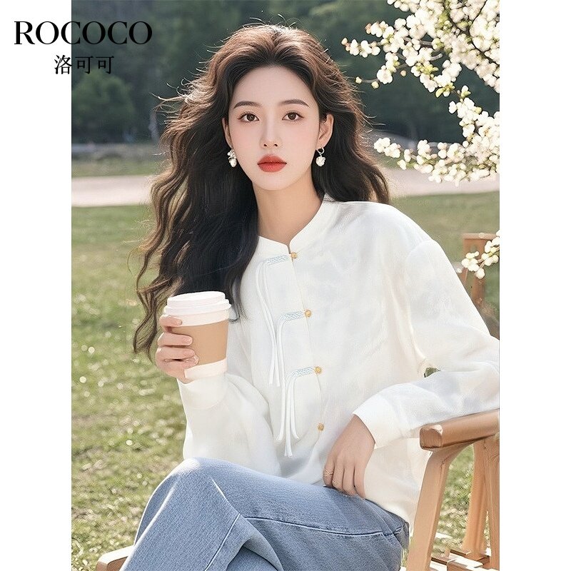 ROCOCO/洛可可新中式盘扣衬衫春季新款国风白色立领长袖短款衬衣