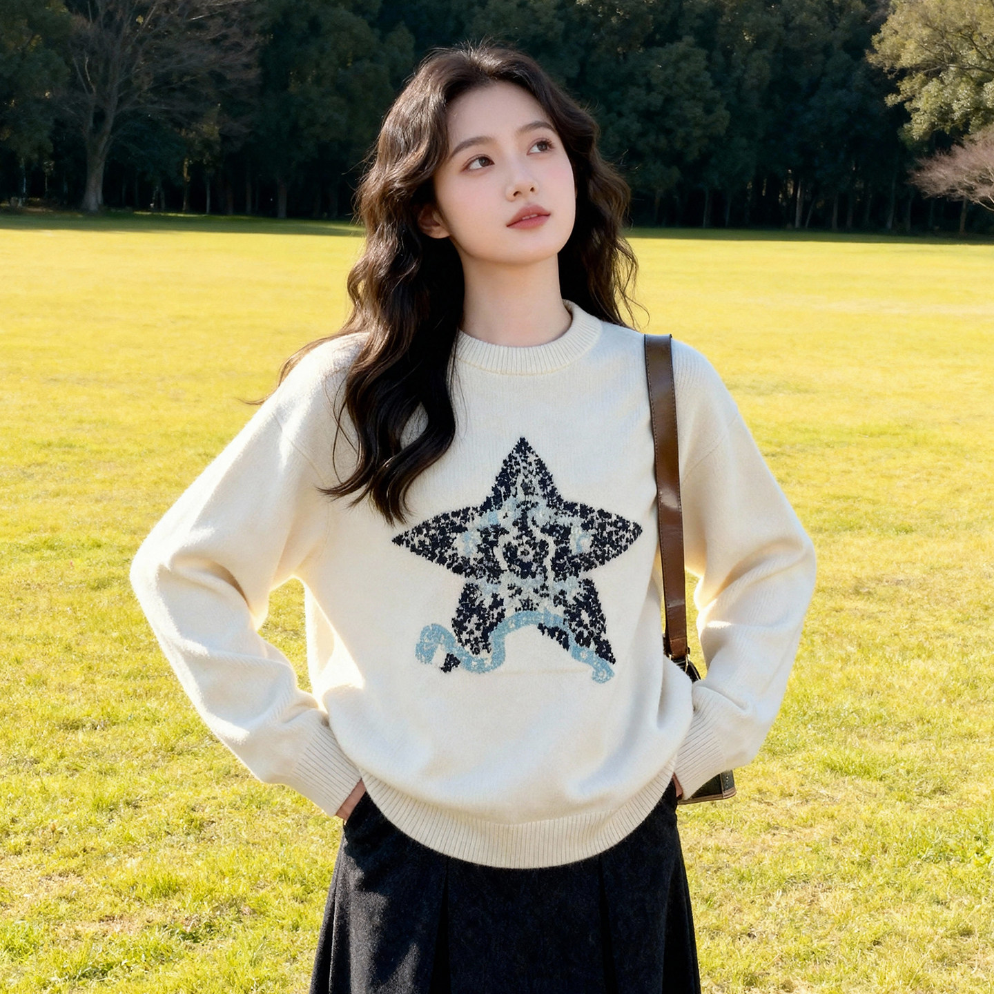 ROCOCO/洛可可星星提花圆领毛衣女2025新款宽松休闲百搭针织上衣