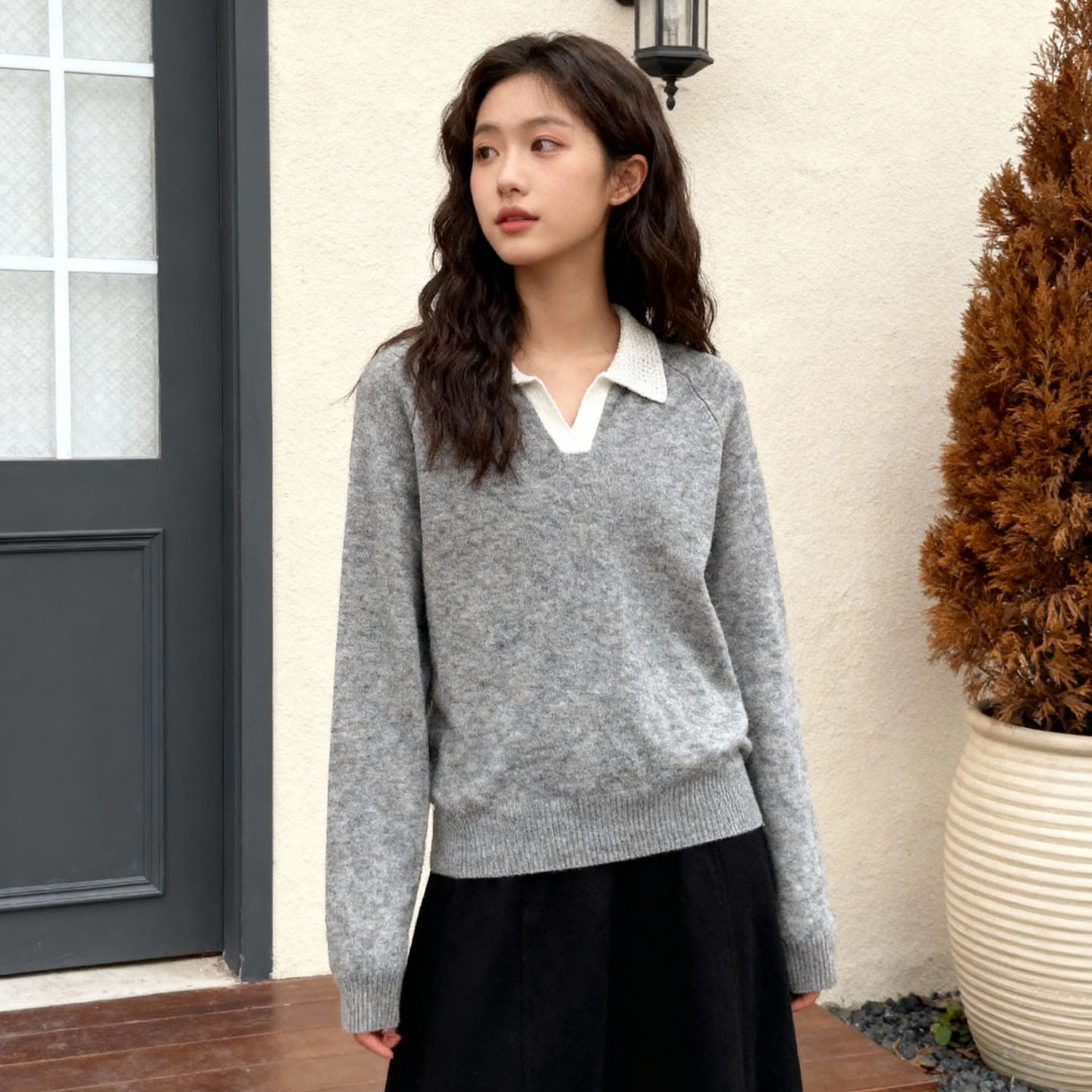 ROCOCO/洛可可绵羊毛PoIo领羊毛衫今年春季高级拼色插肩袖上衣女