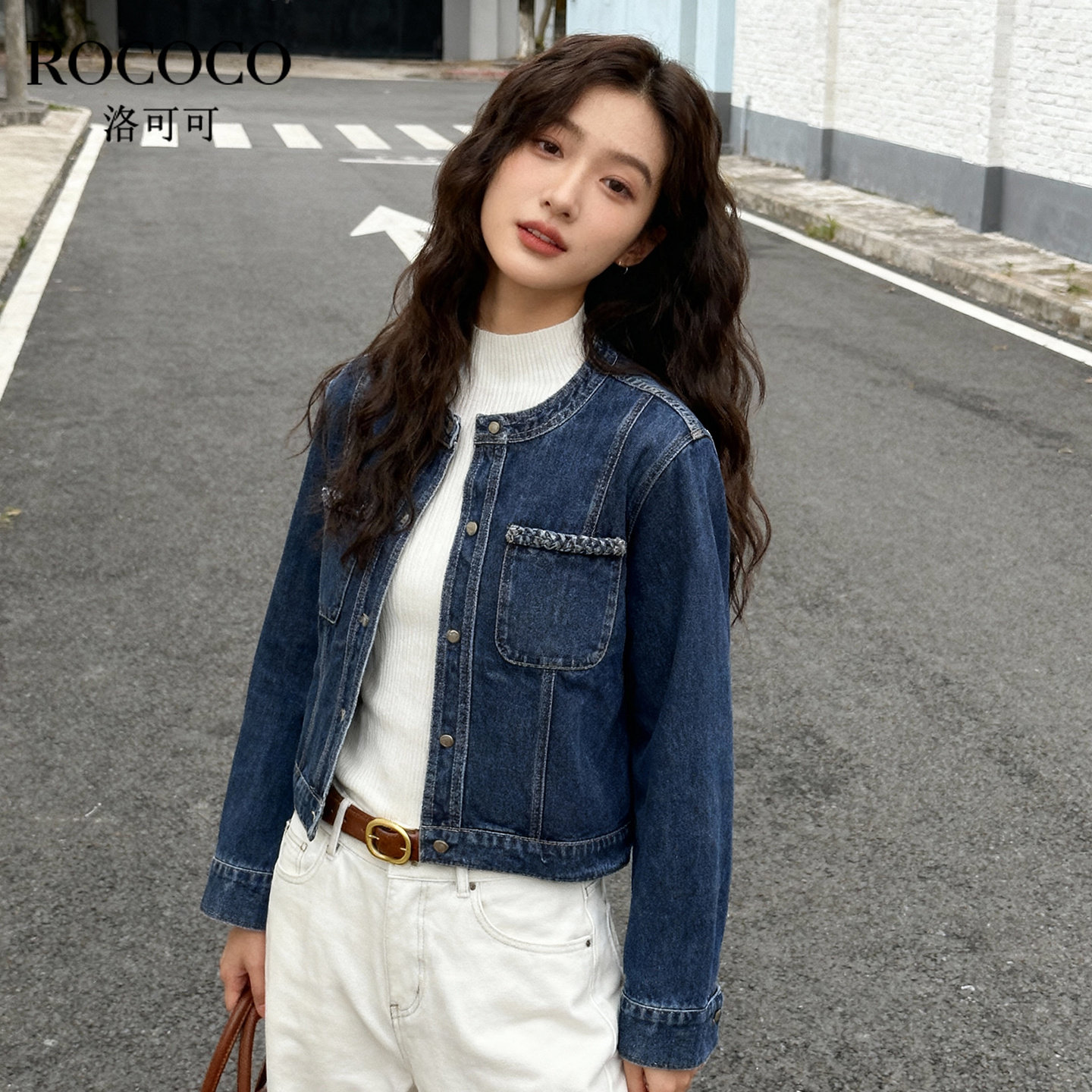ROCOCO/洛可可2025新款圆领口袋设计牛仔外套女宽松百搭复古上衣