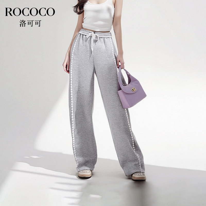 ROCOCO/洛可可2025夏季新款花边蕾丝系带休闲裤高腰阔腿运动长裤