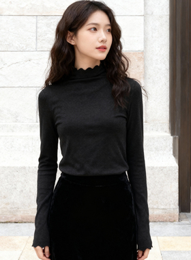 ROCOCO/洛可可纯色花边立领长袖T恤女秋季新款简约百搭圆领打底衣