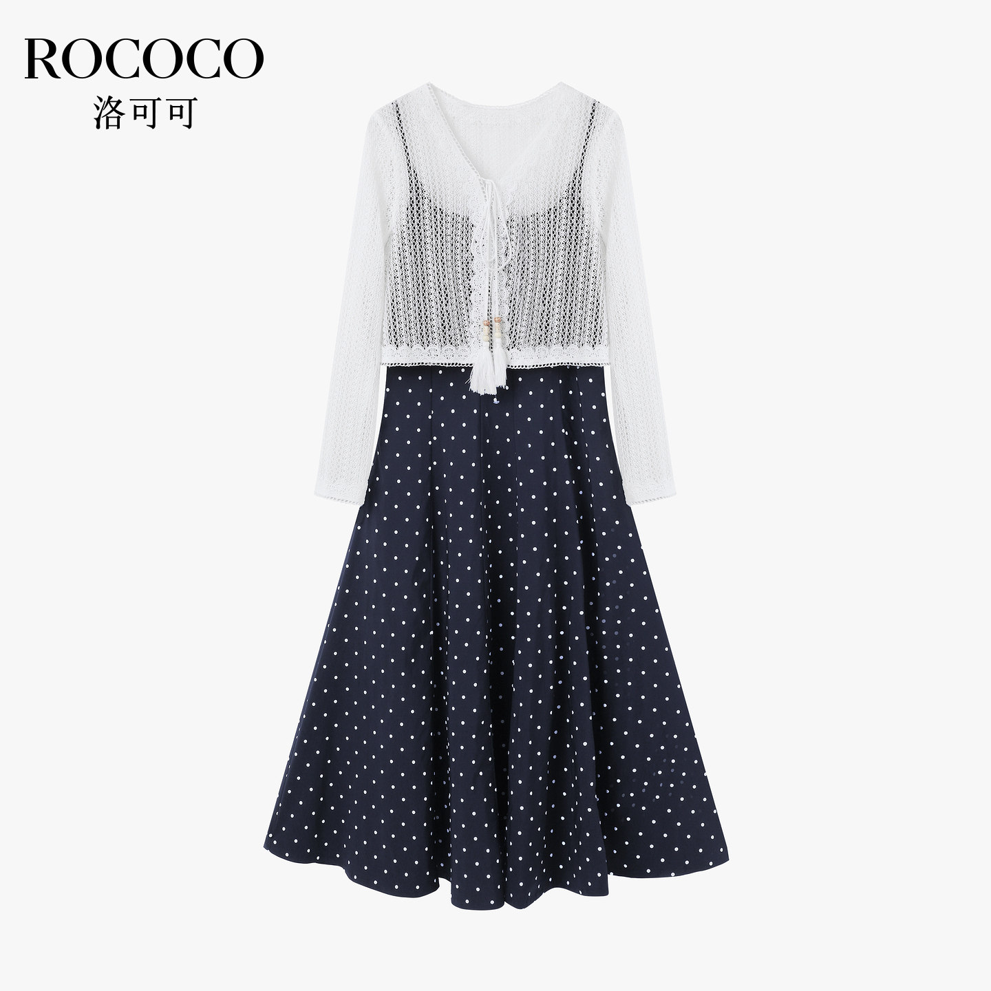 ROCOCO/洛可可波点套装女夏V领上衣A字半身裙显瘦百搭两件套