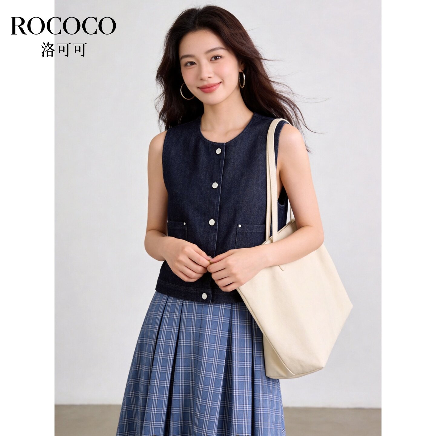 ROCOCO/洛可可蓝色圆领牛仔马甲女春夏叠穿百搭棉舒适坎肩
