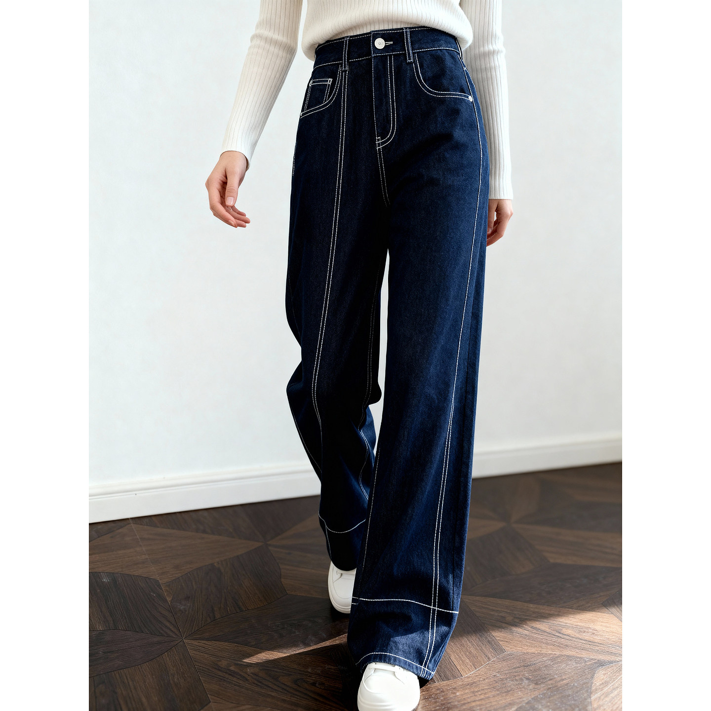 ROCOCO/洛可可深蓝色明线阔腿牛仔裤女高腰宽松显瘦休闲百搭长裤,女装/女士精品,牛仔裤,淘宝优惠券,粉丝福利购,淘宝优惠卷