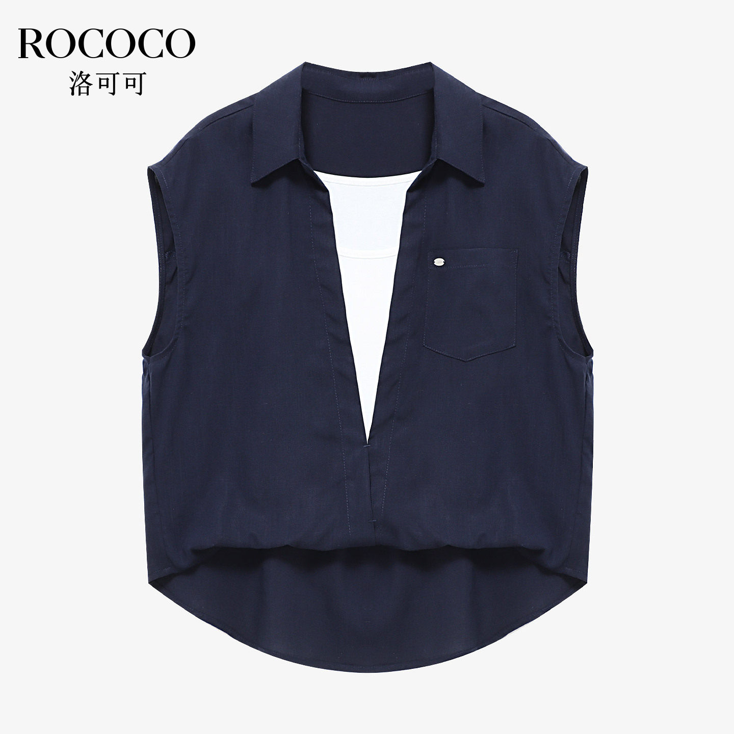 ROCOCO/洛可可盐系简约翻领无袖衬衫女藏青色假两件显瘦上衣