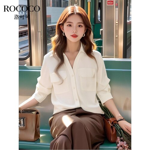 ROCOCO/洛可可纯色翻领衬衫女2025秋季新款高级气质抽褶短款衬衣