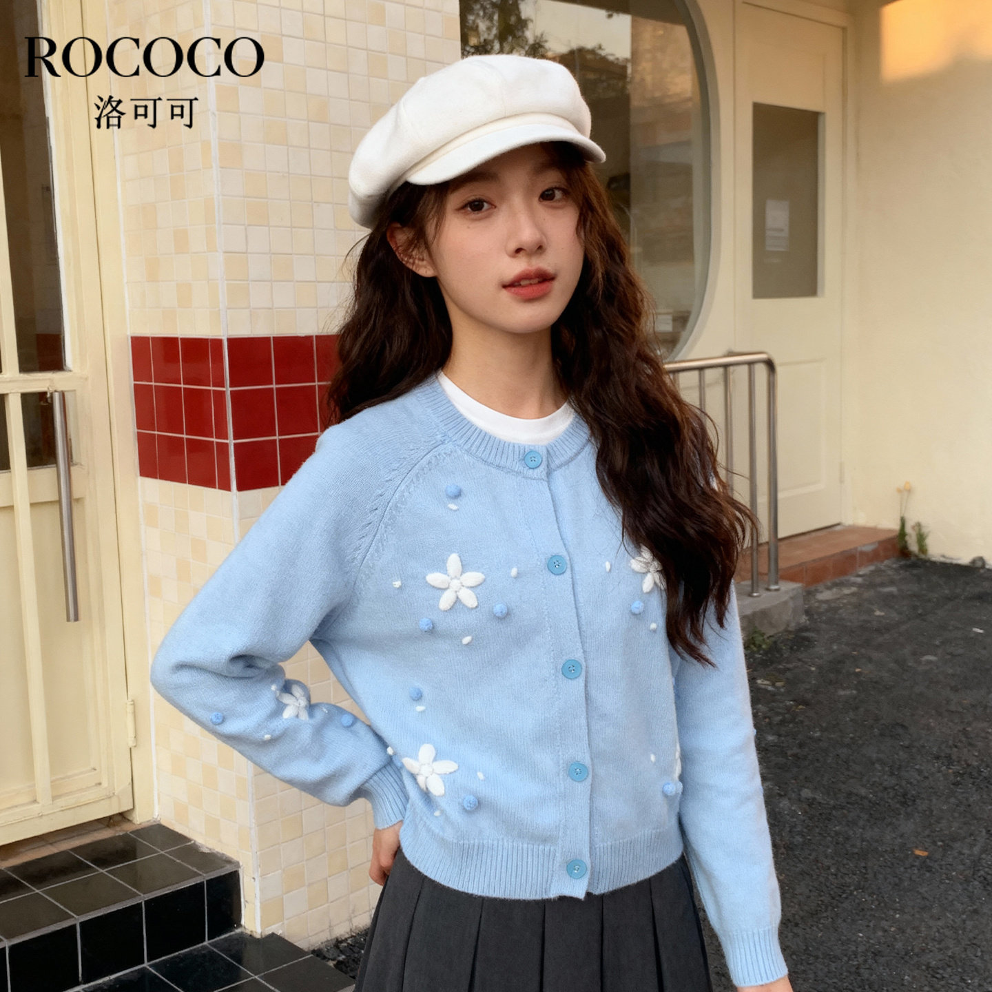 ROCOCO/洛可可2025重工刺绣花朵针织小众设计感慵懒风短款毛衣女