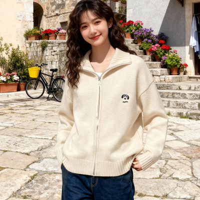 ROCOCO/洛可可2025翻领双头拉链毛衣女加厚时尚小狗刺绣开衫外套