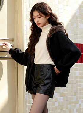 ROCOCO/洛可可黑色毛绒领连帽卫衣女宽松保暖秋冬休闲拉链外套