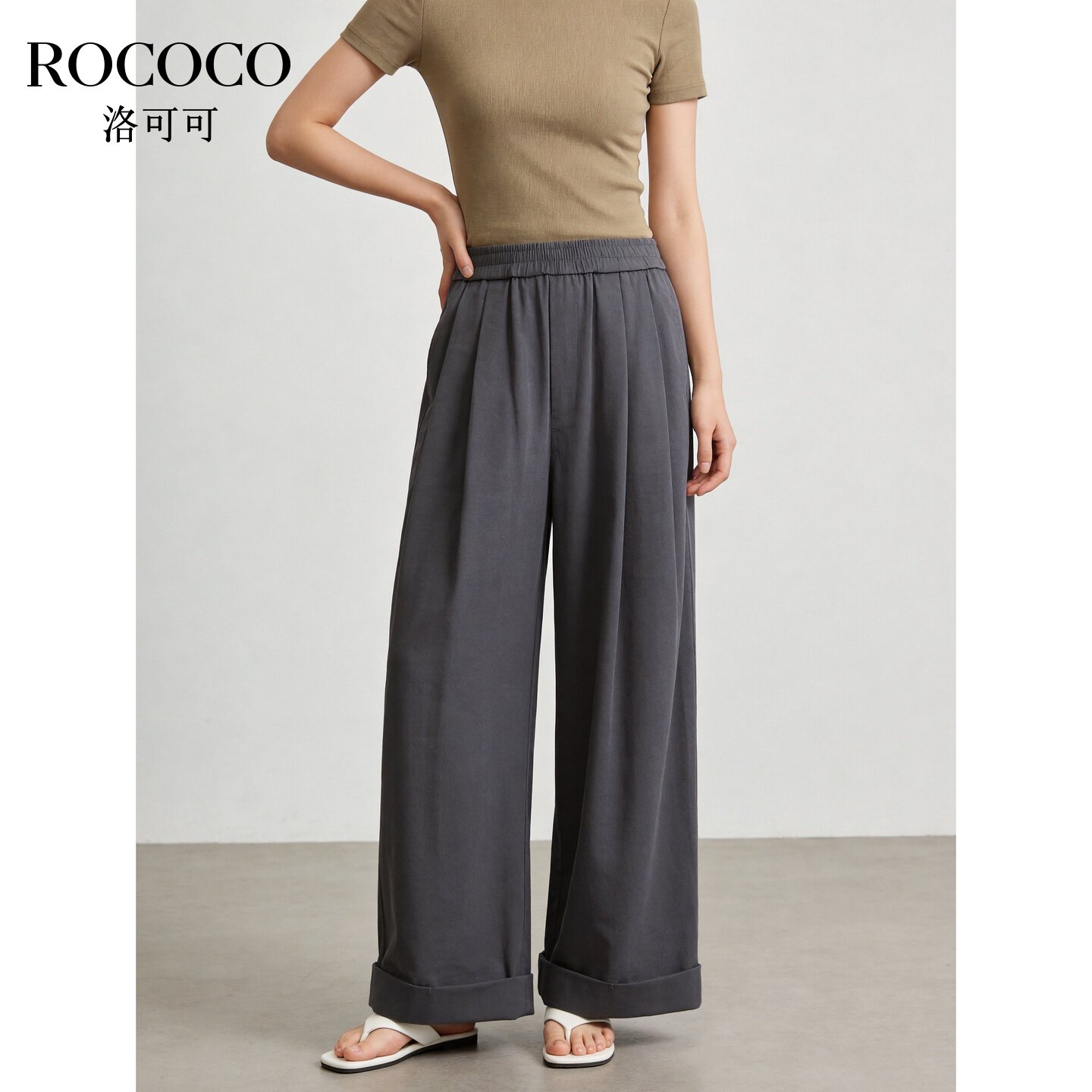 ROCOCO/洛可可灰色高腰褶皱阔腿裤女夏季宽松休闲薄款九分裤