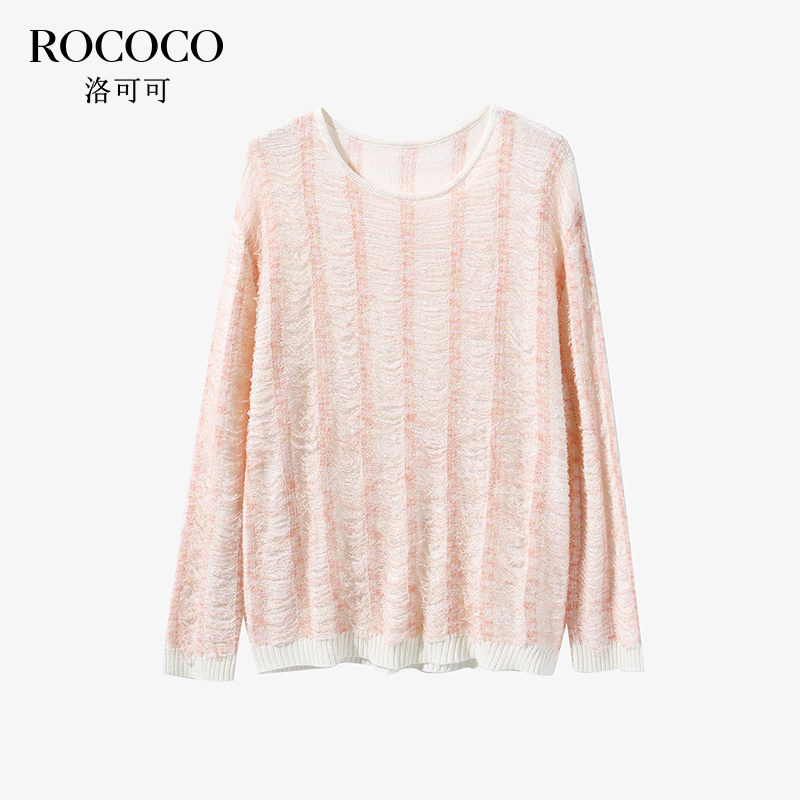 ROCOCO/洛可可亚麻圆领撞色针织衫春季设计感套头薄款宽松上衣女