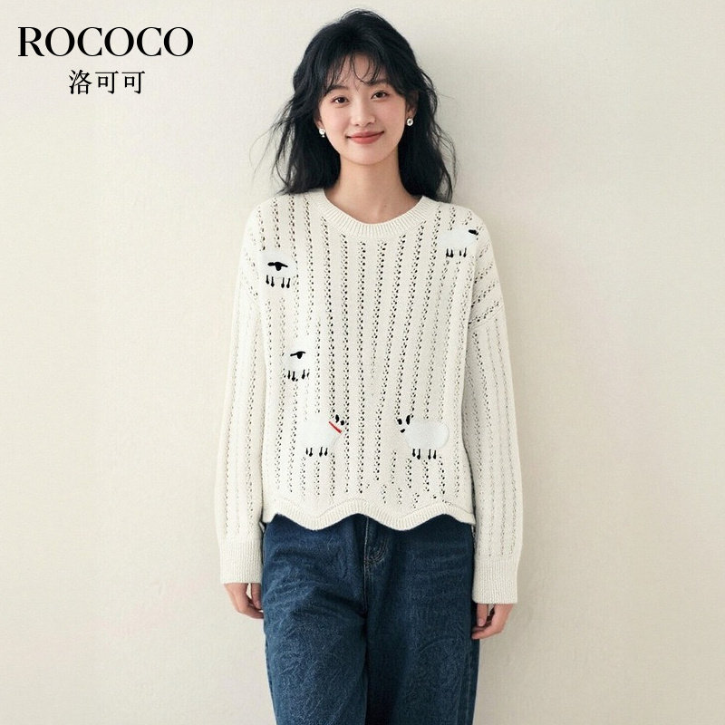 ROCOCO/洛可可甜美慵懒风镂空针织衫秋季新款宽松休闲圆领上衣女