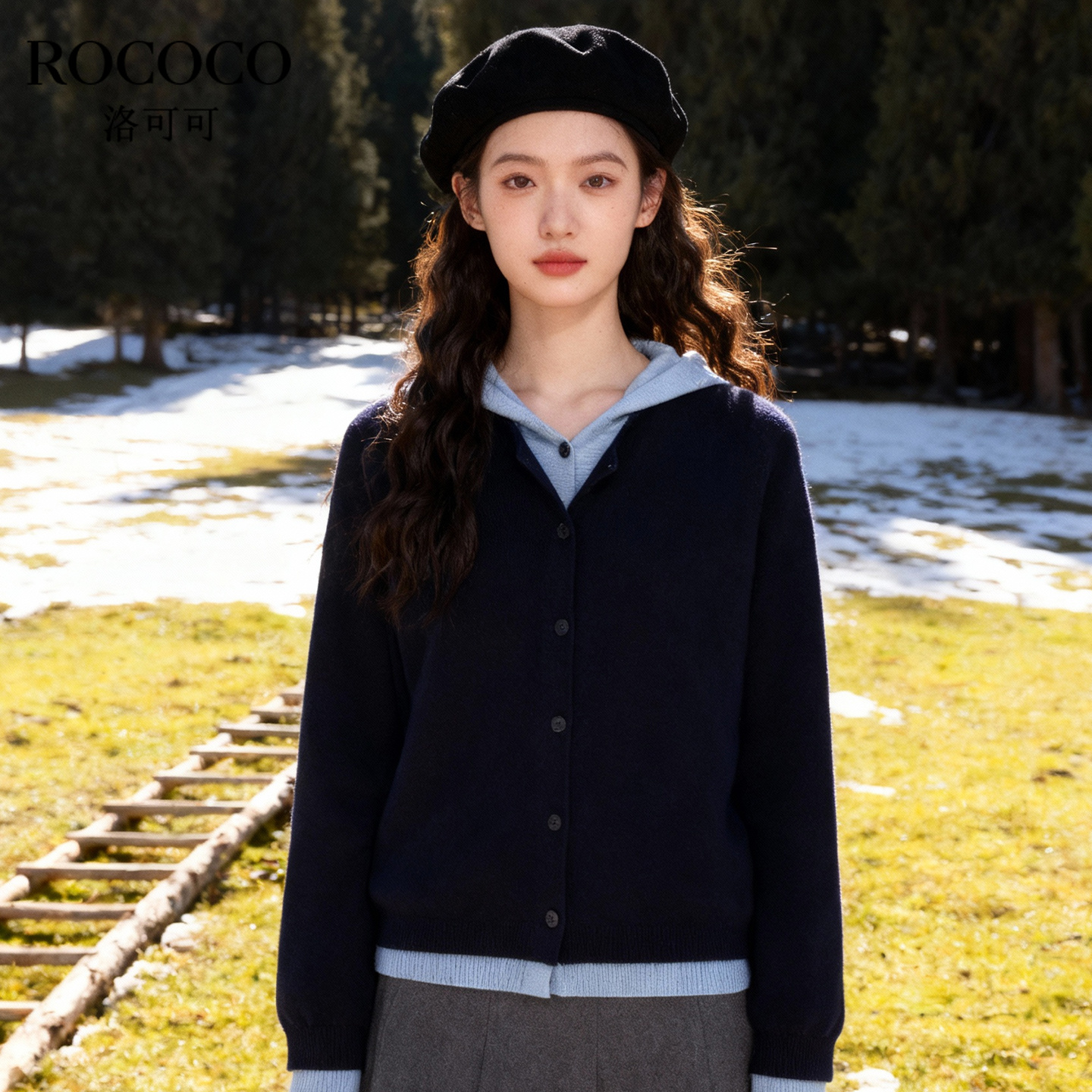 ROCOCO/洛可可2025新款连帽假两件设计针织衫女宽松慵懒减龄上衣