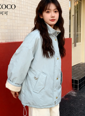 ROCOCO/洛可可2025韩版新款立领中长款外套保暖加厚毛绒拼接上衣