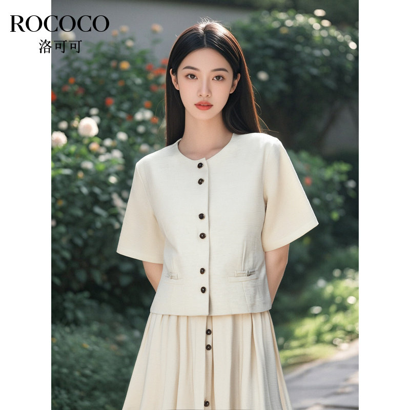 ROCOCO/洛可可复古套装女圆领短袖正肩上衣A字中长款半身裙两件套