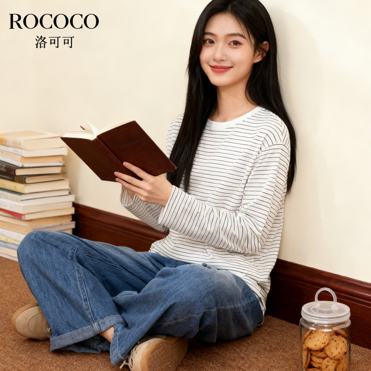 ROCOCO/洛可可撞色条纹长袖T恤女2025秋季宽松显瘦长袖套头上衣