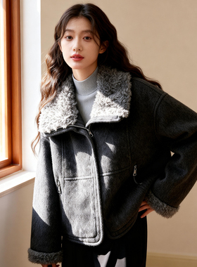 ROCOCO/洛可可毛绒拼接短款外套女拉链口袋设计保暖休闲秋冬上衣