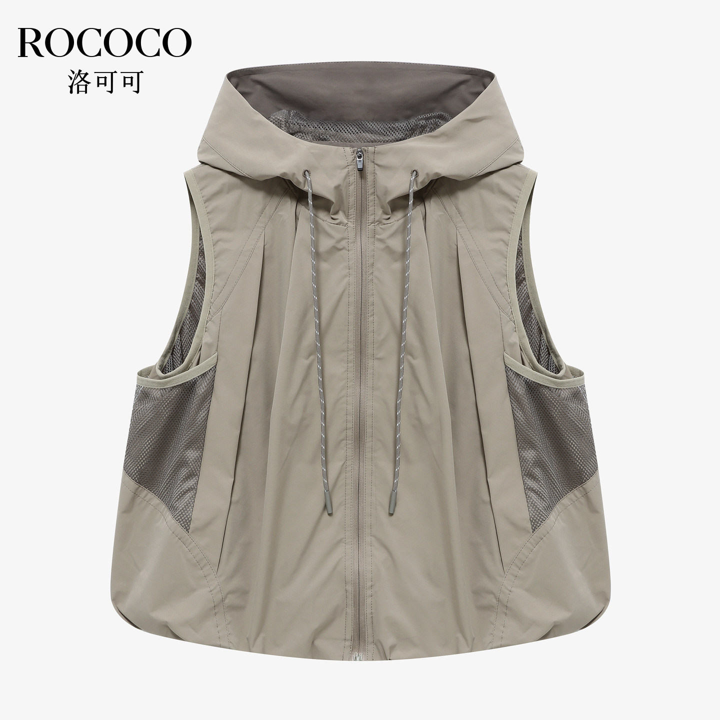 ROCOCO/洛可可连帽拉链薄款马甲女26夏季新款卡其色背心外套