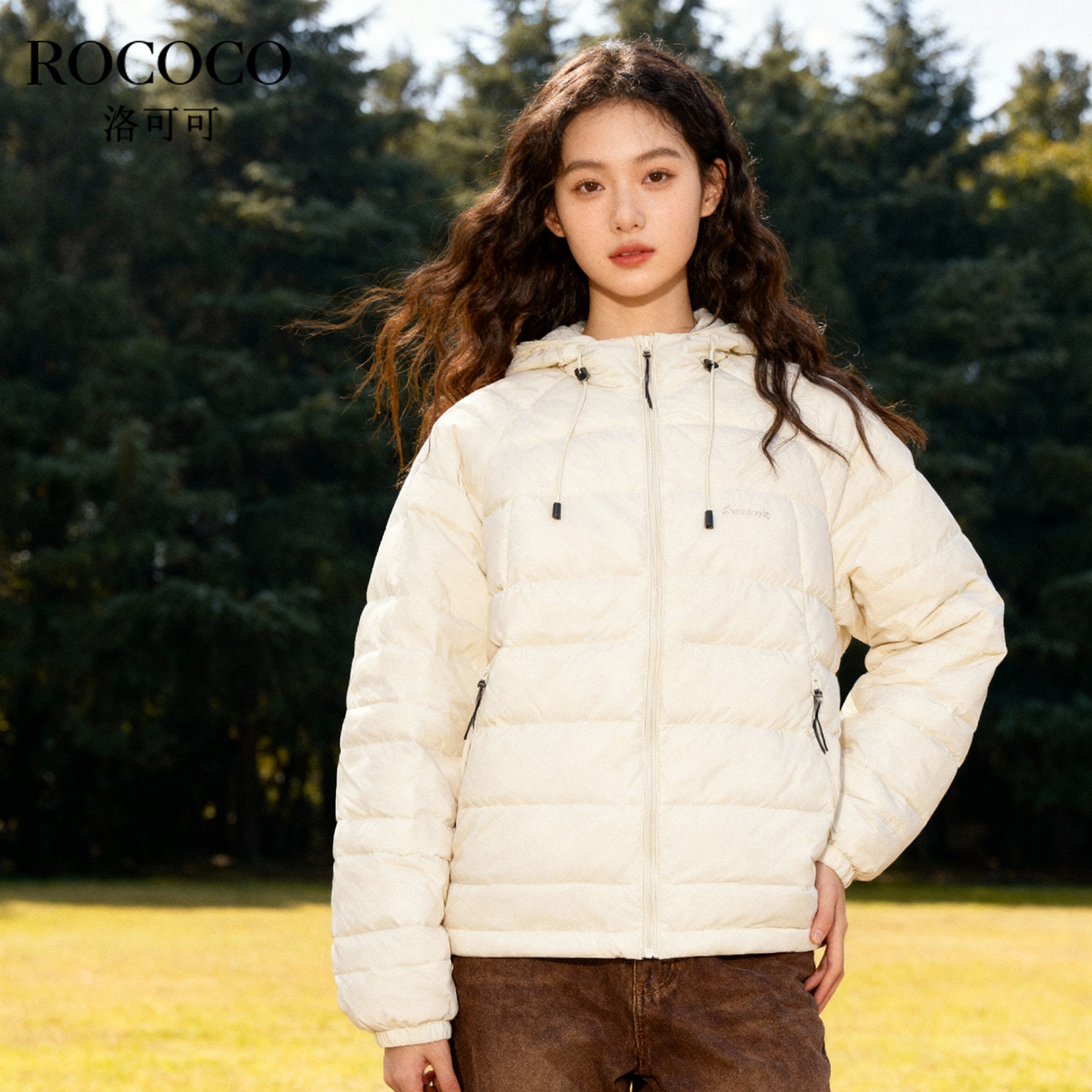 rococo洛可可连帽短羽绒服女冬轻薄保暖短款简约休闲百搭款外套