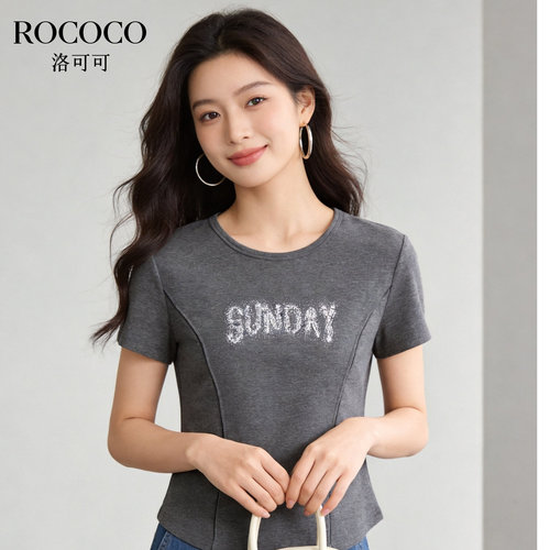 ROCOCO/洛可可韩系字母印花T恤女夏季收腰显瘦百搭休闲短袖