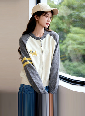 ROCOCO/洛可可撞色小狗针织开衫女棒球领设计休闲秋冬毛衣外套