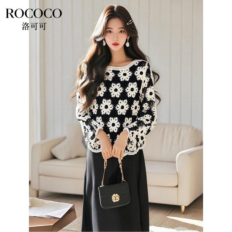 ROCOCO/洛可可时尚套装镂空钩花上衣女夏季气质纯色连衣裙两件套