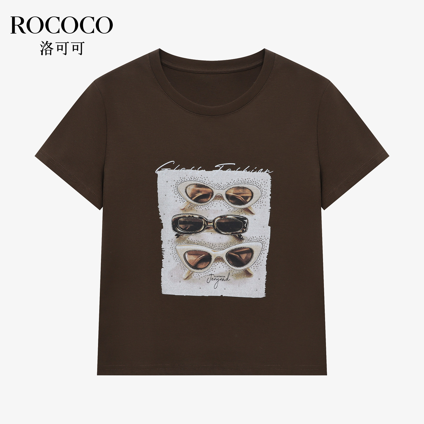 ROCOCO/洛可可烫钻墨镜印花T恤女短袖圆领白色百搭显瘦上衣