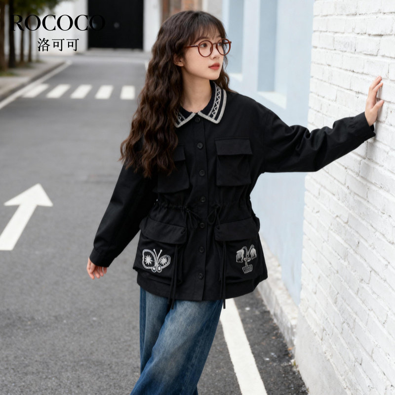 ROCOCO/洛可可复古工装多口袋外套女刺绣收腰小众拼接翻领上衣